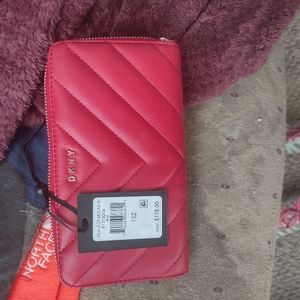 DNKY red faux leather vela quilted Chevron large zip around wallet